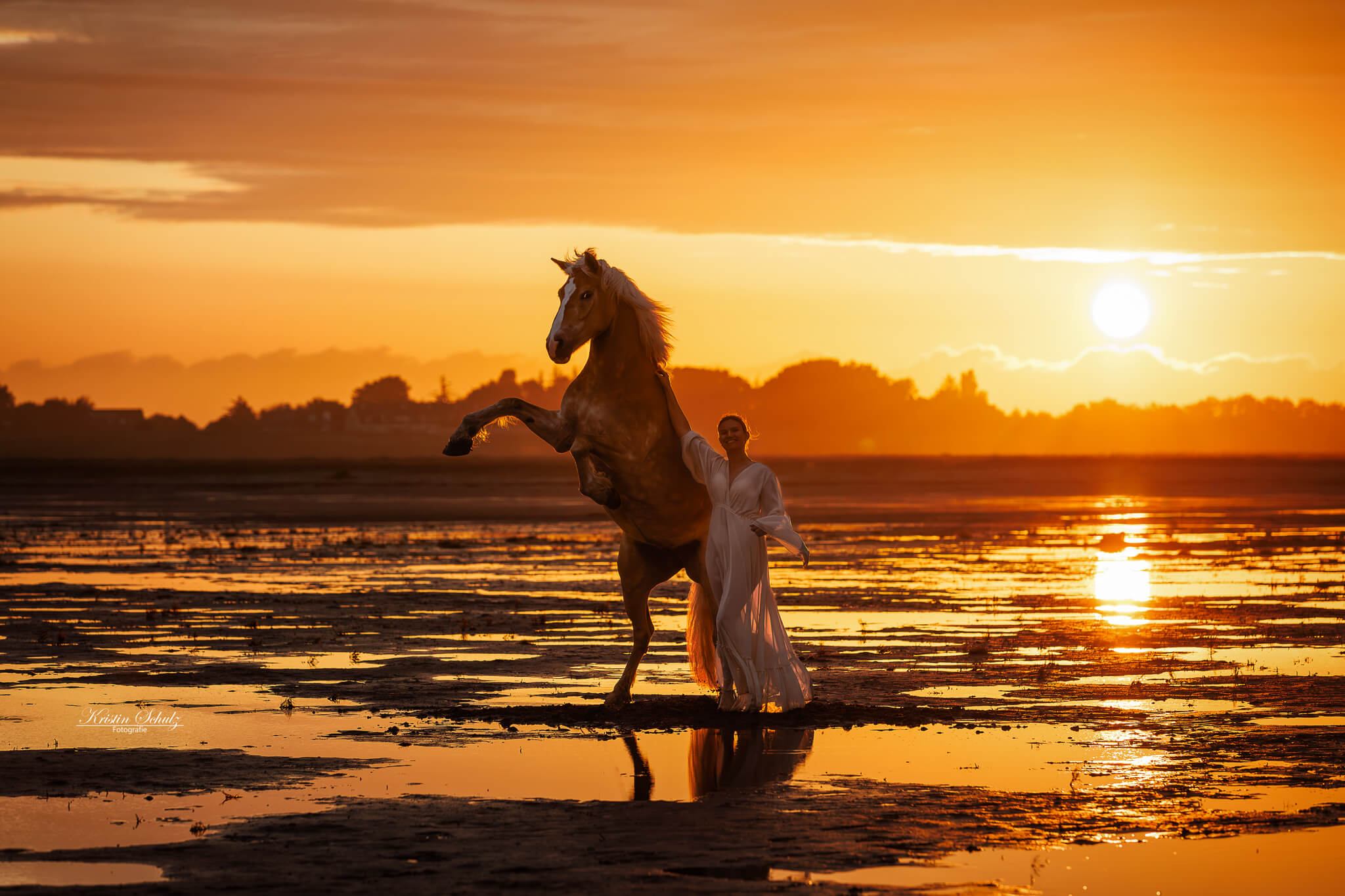 Ein Pferd steht auf den Hinterbeinen neben seiner Besitzerin vor einem dramatischen Sonnenaufgang am Horizont.